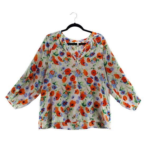 L Joie McKenna Silk Blouse Floral Orange Blue Cream White Bracelet 3/4 Sleeve - Picture 2 of 11